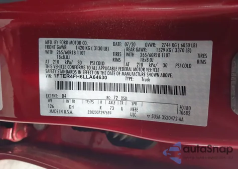 2020 Ford Ranger Lariat из США, поврежденный, VIN 1FTER4FH6LLA64630